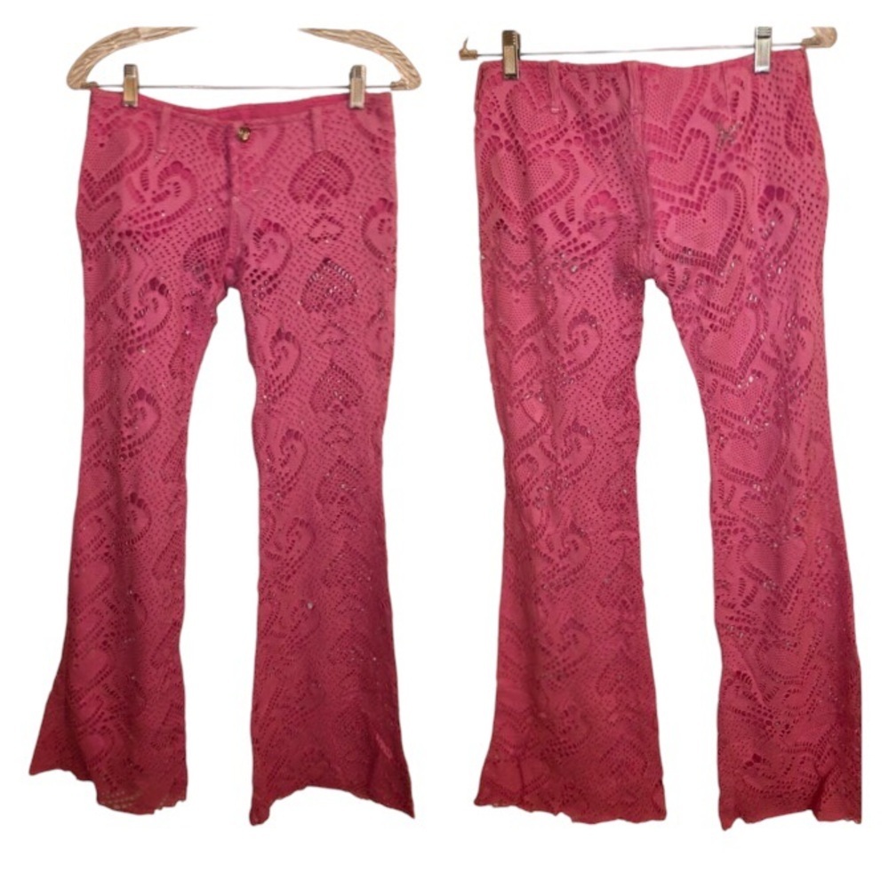 Crochet flared PXC jeans Pink With Rhinestones  Vintage Rare European Sizing